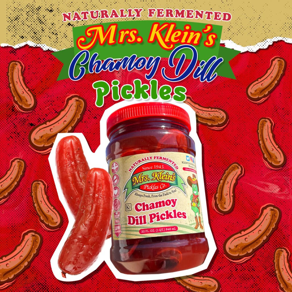 Mrs. Klein's Pickles Co. Chamoy Dill Pickle Plastic Jar Rustito's Dulces